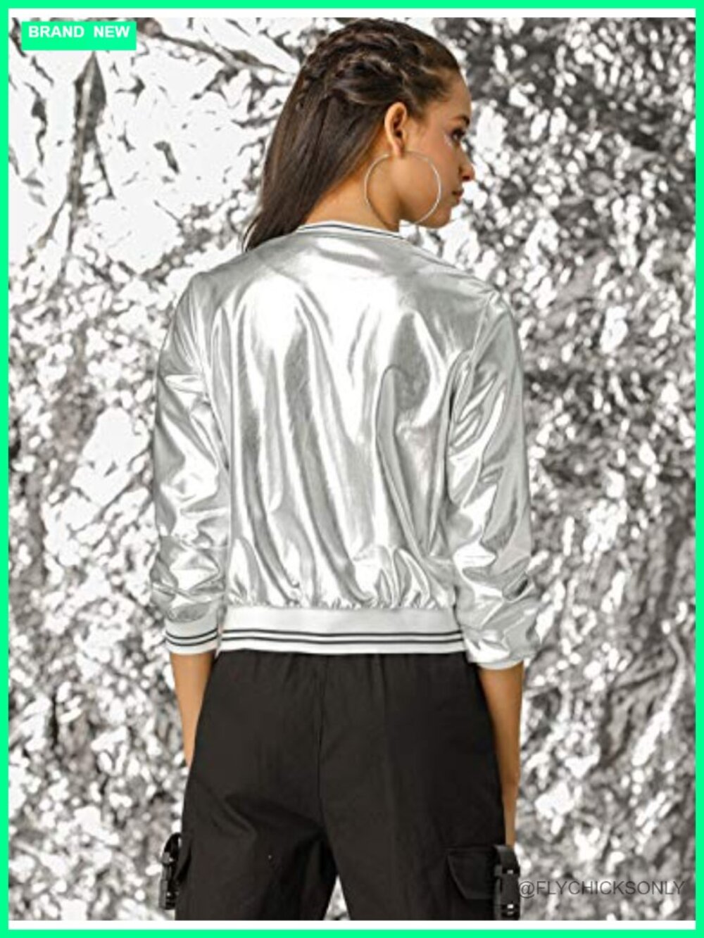 Women's Holographic Metallic Lightweight Zip Bomber Jacket - Picture 4 of 5